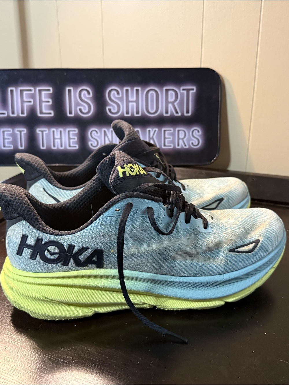 Hoka Light Blue and Neon Lime Road Running Shoes